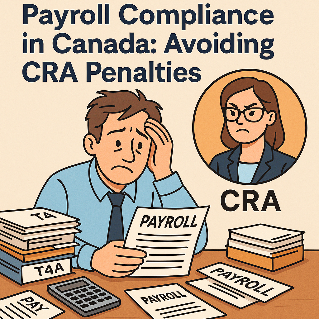 Cartoon of a Canadian small business owner stressed about payroll and CRA forms